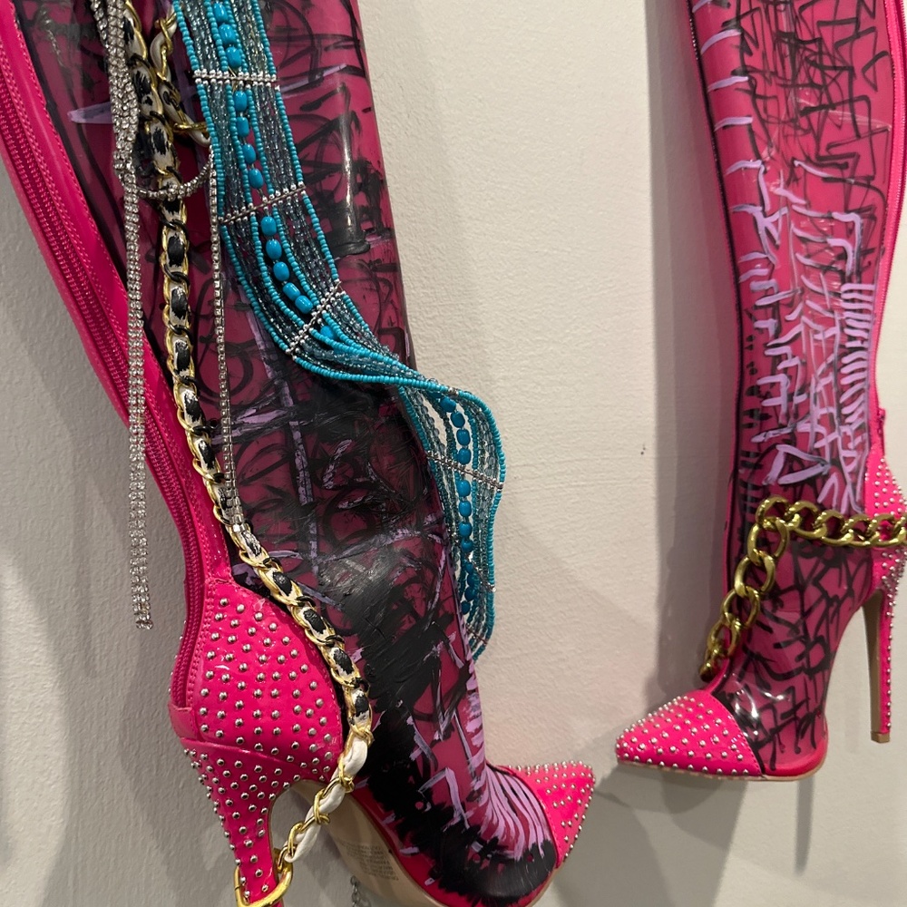 Pink and Black Graffiti Knee-High Boots with Gold Chain | handmade design